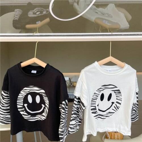 Childrens T Shirt 2021 Spring and Summer Baby Boys Cotton T Shirt Kids Long-sleeved Casual Print Top Tees Fake Two Piece Tees