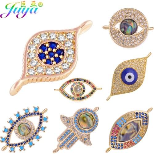 Juya DIY Micro Pave Blue Crystals Enamel Greek Turkish Evil Eye Charm Connector Accessories For Women Bracelets Earrings Making