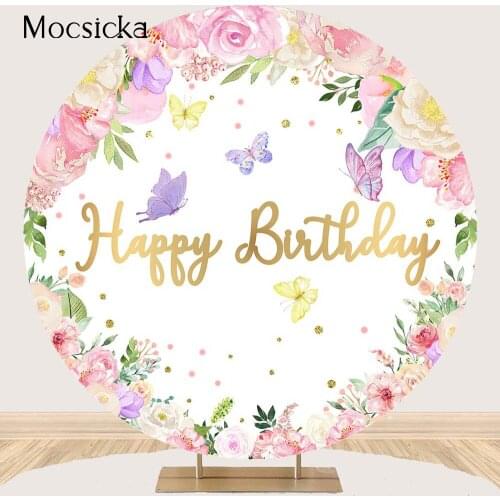 Butterfly Birthday Backdrop Purple Flowers Round Circus Background Polyester Elastic Party Decoration Happy Birthday Banner