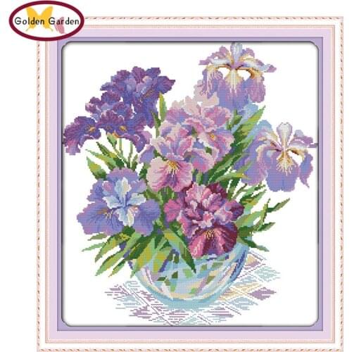 GG Purple Iris Flower Cross Stitch Patterns Handcraft Charts Chinese Needlework Embroidery Kits Cross Stitch for Home Decoration