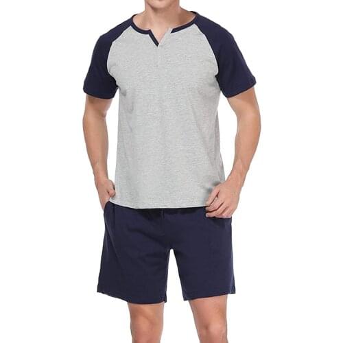 Summer Men 2 Pieces Pajama Sets Cotton Sleepwear Casual Patchwork Short Sleeve T-Shirts+ Shorts Nightwear Home Clothes