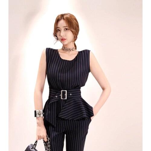 ZAWFL Summer 2021 Womens Set New Fashion O-Neck Sleeveless Sashes Ruffles Top+Striped Zipper Fly Long Pants Women Suit