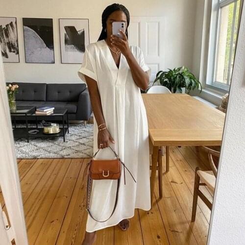 Effortless White 100% Lyocell Tencel Oversized Maxi Kaftan Dress Cozy Chic Natural V-Neck Cape Sleeve Slit Side Beach Day Gown