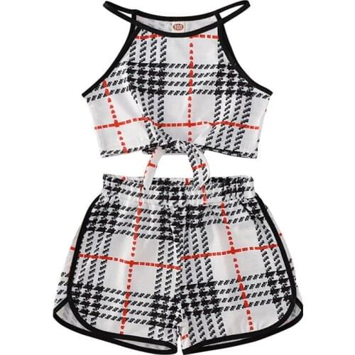 Summer Girl Set Plaid Sleeveless Cotton Vest + Shorts Casual Kids Suits Children Clothes