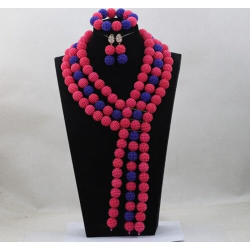 Fashion African Wedding Bridal Fushia Pink Blue Plastic Balls Nigerian Women Beads Necklace Jewelry Set Free Shipping ABH183