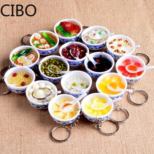 2019 New Simulation Food Key Chains noodle Creative Bowl Keychain Chinese Blue and white porcelain Food Bowl Mini bag pendant