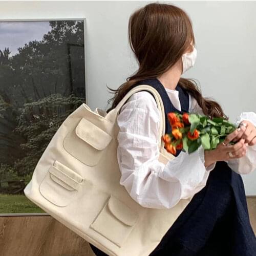2021 summer new casual canvas tote bag tide multi-pocket large capacity tote bag