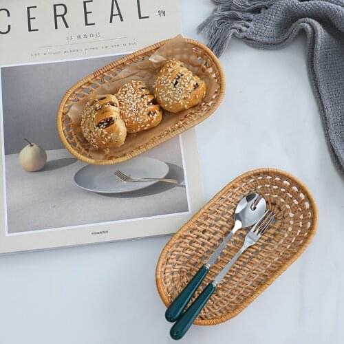 Rattan Snack Tray Woven Storage Baskets Fruit Dessert Bread Organizer Plate Japanese Style Organizers Basket Photo Props