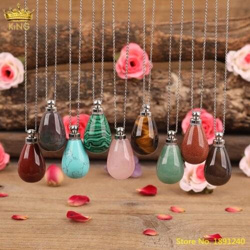 Natural Roses Quartz Turquoises Stone Drop Perfume Bottle Pendant Silvery Chains Necklace For Women Friendship Gift Wholesales
