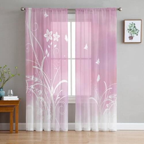 Luxury Sheer Curtains Flower Butterfly Pink Kitchen Bedroom Living Room Tulle Curtains Study French Window Chiffon Curtains