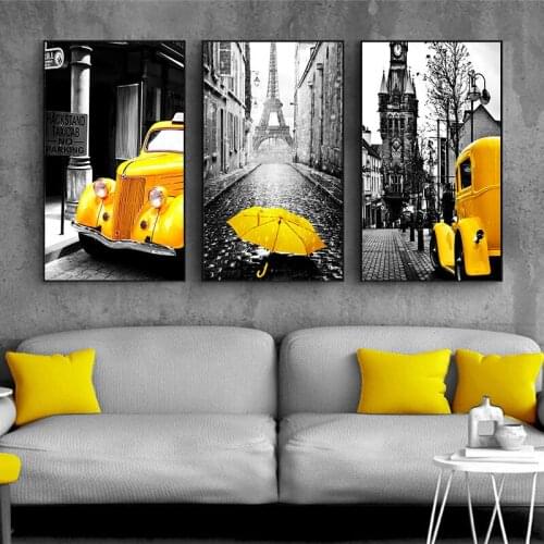 Self-adhesive Wall Stickers Nordic European City Scenery Picture Home Decor Wall Art Yellow Car Balloon Posters and Prints