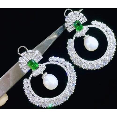 Natural fresh water pearl drop earring genuine jewelry 925 sterling silver with cubic zircon circle 36*48MM fine women jewelry