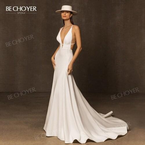 Wedding Dress Sleeveless Mermaid 2021 V-neck Open Back Court Train Bridal Gown Princess BECHOYER AR39 Plus Size Vestido De Noiva