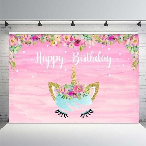 Unicorn Theme Banner Photo Background Birthday Party Photography Backdrop Floral Flowers and Pink Backgrounds Vinyl Cloth