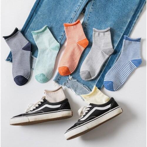 Spring Summer Stripe Woman Socks Cotton Japanese Calcetines Mujer 11 Colors Hemming Kawaii Socks Women 30201