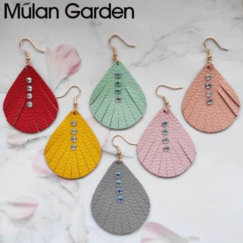 Scalloped Cowhide Leather Earrings Original Design Sparkle Rhinestone Teardrop Dangle Earrings for Women Trend Jewelry Bulk Sale