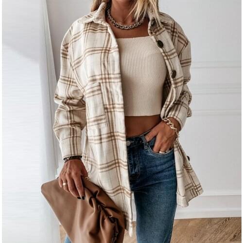 Women Stylish Turn Down Collar Pockets Jacket Plaid Buttons Long Shirt Coat Fashion Blends Ladies Jackets Casual Clothing 2021