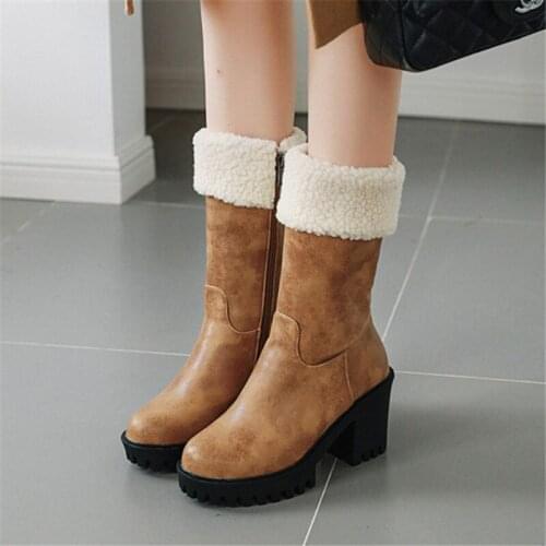 PXELENA Winter Shoes Women Punk Rock Gothic Combat Boots Chunky Block Thick High Heel Mid Calf Boots Black Brown Plus Size 34-43