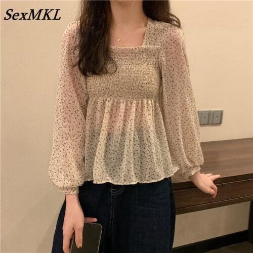 Vintage Puff Sleeve Tops Women 2021 Fashion Long Sleeve Sexy Chiffon Shirts Autumn French Slim Floral Printed Corset Top Blouse