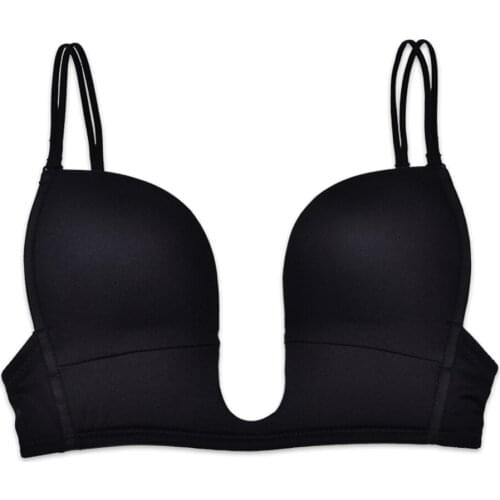 New Sexy Lingerie padded Push up Bras Great deep U V plunge size Big women bra intimates Wire free Silicone Black Double Straps