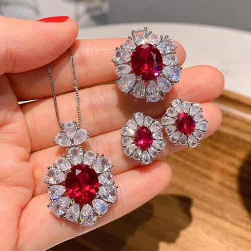 Vintage 925 Sterling Silver Ruby Gemstone Jewelry Sets Luxury High Carbon Diamond Ring Earrings Necklace Pendant Gift For Women