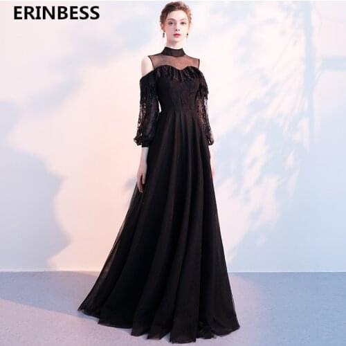 Vestido De Festa Evening Dresses Long Dress 2019 High Neck Three Quarter Black Evening Dress Elegant Formal Party Gowns