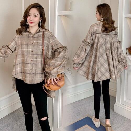 2565# Maternity Dress Spring Autumn Blouse Turn Down Collar Color Block Cotton Stylish Dress Pregnant Women Mom Dress