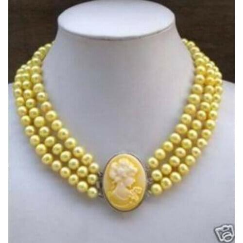 3Row Yellow Pearl Necklace Cameo Beauty Clasp 7-8mm
