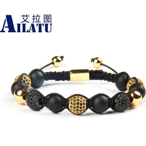 Ailatu 8mm Natural Matte Onyx Stone Beads Micro Pave Blac Cz Ball Macrame Bracelet Mens Jewelry Laser Printing Logo or Words