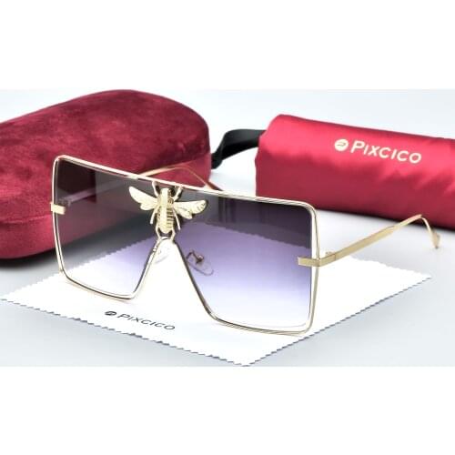 B51008 With Red Flocking Case Luxury Metal Big Bee Rectangle Sunglasses UV400