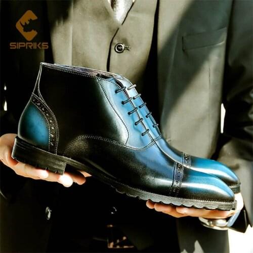 Sipriks Genuine Leather Ankle Boots Retro Blue Brown Black Dress Shoes British Style Male Cowboy Boot Cap Toe Casual Shoes 46