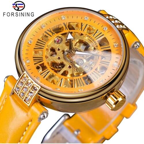 Forsining Yellow Genuine Leather Belt Golden Gear Movement Diamond Display Mens Automatic Mechanical Wristwatch Top Brand Luxury