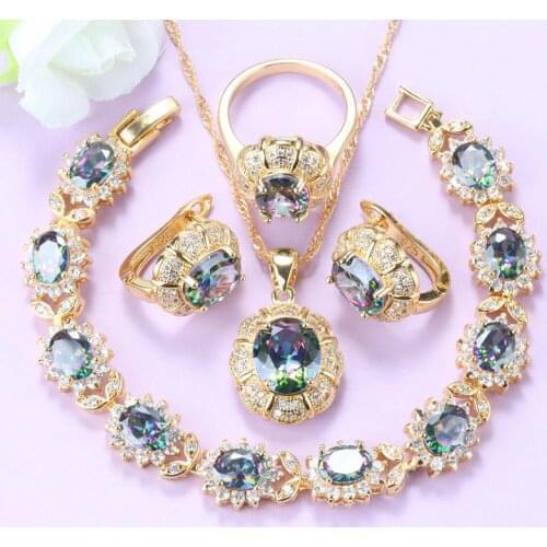 Wonderful Rainbow Cubic Zirconia Wedding African Jewelry Sets Gold Colors Necklace Clip Earrings Bracelet Women Sets