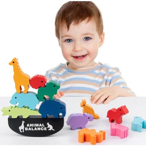 Children Montessori Wooden Animal Balance Blocks Board Games Toy Dinosaur Educational Stacking High Building Block Wood Toy Boys