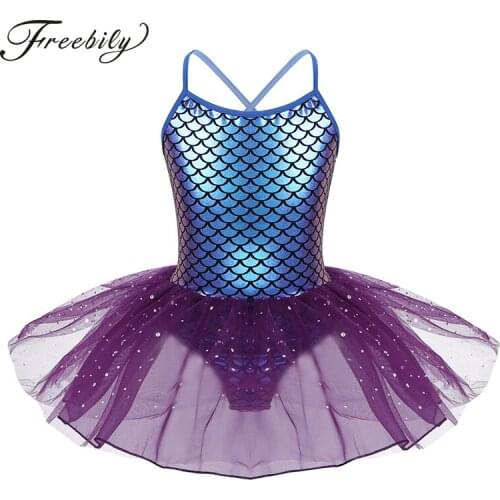 Kids Girls Spaghetti Straps Scales Printed Ballet Leotard Children Glitter Mermaid Ballet Tutu Dress Ballerina Party Dance Wear
