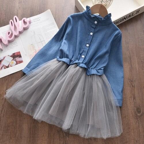 Menoea Girl Denim Dress 2020 Fashion Mesh Dresses Autumn Children Clothing Princess Dress Button 2-8 Years Girl Clothes Dress