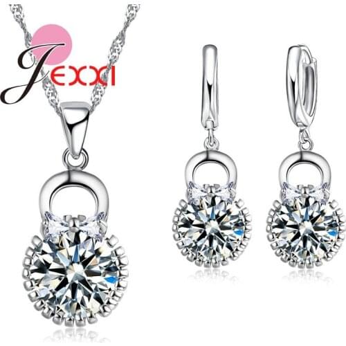 Low Price Quality Silver Jewelry Big Shiny Crystal Pendant Cute Bowknot Design Women Wedding Gifts Necklace Earring Sets