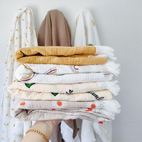New Childrens Cotton Printed Tassel Blanket Baby Gauze Wrapped Towel Infant Trolley Cover Blanket Bed Linings