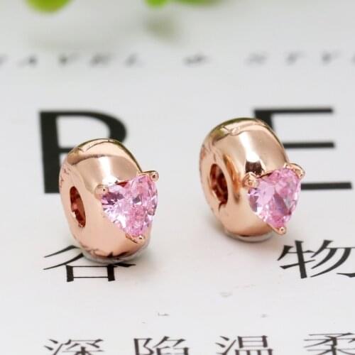 New Original 925 Sterling Silver Beads Pink Heart Solitaire Clip Charm Fit Pandora Bracelets Women DIY Jewelry Dropship
