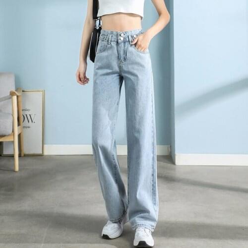 High Waist Two Buttons Straight Jeans Pants For Women Loose Light Blue Washed Summer Denim Trousers Wide Leg Pants Jean P139