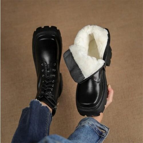 PXELENA 2021 Winter Warm Snow Boots Women Wool Fur Natural Genuine Leather Platform Chunky Heels Martin Motorcycle Shoes 34-42