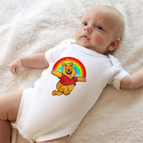 Rainbow Winnie The Pooh Baby Clothes Short Sleeve Baby Girls Boys One-pieces Jumpsuit New Born Bodysuit White Disney Infant Tops