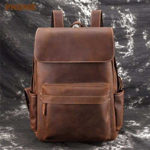 Simple retro genuine leather mens womens backpack casual daily travel natural real crazy horse cowhide 14 inch laptop bagpack