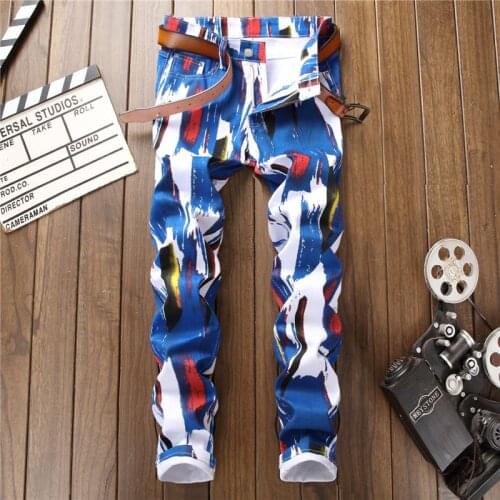 High Quality New Fashion Mens Painted Slim Jeans 3D Digital Print Designer Elastic Pants Graffiti Slim Stretch Jeans 5006