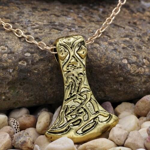 Youe shone Bronze Engraved Viking Knot Axe Head Thor Hammer Norse Pendant Necklace Leather Cord