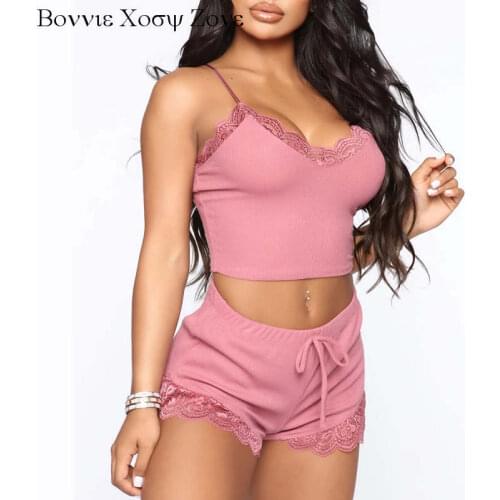 Women V-Neck Spaghetti Strap Lace Trim Drawstring Cami Set Romantic Bedroom Wear