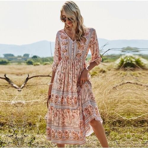 2021 Spring New Bohemia Floral Dress Women Casual V Neck High Waist Half Sleeve Dress For Women Fashion Print Summer Dress