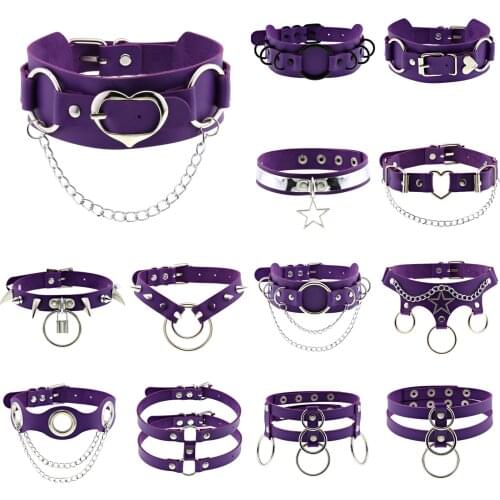 New Punk Goth Purple PU Leather Choker Necklace For Women Cosplay Bondage Rock Metal Chain Neck Gothic Jewelry Harajuku Festival