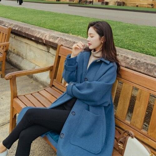 Women Coat Wool Blend Oversize Single-Breasted Long Pockets Blue Khaki Outerwear