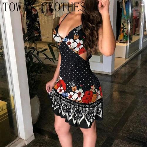 Summer Women V-Neck Spaghetti Strap Red Floral Print Ruffles Hem Dress A Line Daily Mini Dresses